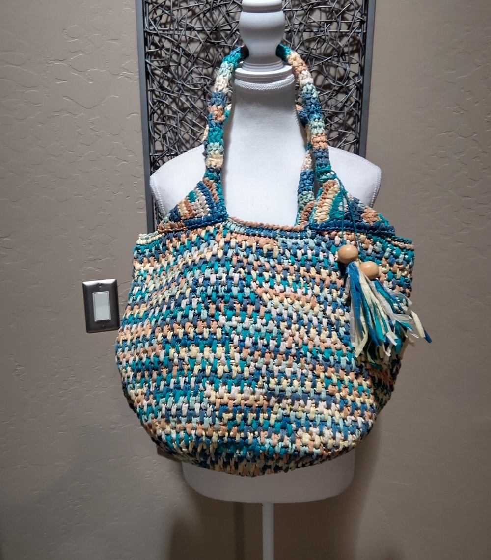 Chico's Raffia Woven Hand Bag In Blue & Yellow